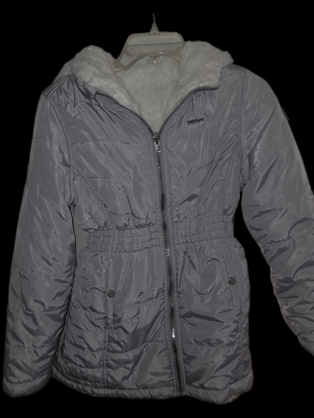 DKNY Women's Gray Puffer Jacket Reversible Faux Fur